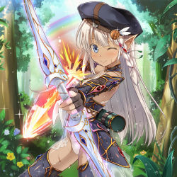 Rule 34 | 1girl, ;), arrow (projectile), beret, blue eyes, blush, bow (weapon), braid, elbow gloves, fingerless gloves, fire, flower, forest, glint, gloves, hat, himedatsu! dungeons lord, kazumasa, kidatsu! dungeons lord, leotard, long hair, nature, official art, one eye closed, original, petite, platinum blonde hair, pointy ears, quiver, rainbow, single braid, smile, solo, tan, water, water drop, weapon, wet