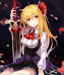 Rule 34 | 1girl, alternate breast size, alternate hair length, alternate hairstyle, ascot, black background, black dress, blonde hair, breasts, commentary request, dress, falken (yutozin), hair ribbon, highres, holding, holding sword, holding weapon, large breasts, long hair, long sleeves, looking at viewer, parted lips, petals, petticoat, red ascot, red eyes, red ribbon, ribbon, rumia, seiza, shirt, sidelocks, sitting, solo, sword, thighs, touhou, weapon, white shirt