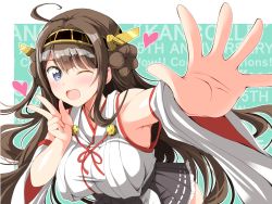 Rule 34 | 1girl, ahoge, alternate eye color, bare shoulders, black skirt, blue eyes, brown hair, commentary request, deego (omochi bazooka), detached sleeves, double bun, english text, hairband, headgear, heart, japanese clothes, kantai collection, kongou (kancolle), long hair, nontraditional miko, one eye closed, open mouth, outstretched hand, pleated skirt, skirt, smile, solo, v, wide sleeves