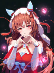 Rule 34 | 1girl, blush, breasts, brown hair, chest jewel, collarbone, commentary request, dark background, detached sleeves, hair between eyes, hair ornament, heart, heart hands, highres, horse girl, kashmir 0808, long hair, looking at viewer, portrait, red eyes, small breasts, solo, still in love (umamusume), string, string of fate, umamusume, veil