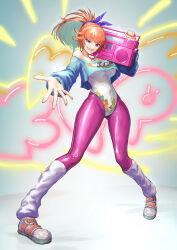 Rule 34 | 152 in can, 1girl, absurdres, blue shirt, breasts, colored inner hair, cropped shirt, green hair, highres, hololive, hololive english, jukebox, large breasts, leotard, looking at viewer, multicolored hair, official alternate costume, open mouth, orange hair, pants, ponytail, purple eyes, purple pants, shirt, short hair, smile, solo, takanashi kiara, takanashi kiara (7th costume), virtual youtuber, white footwear, white leg warmers, white leotard