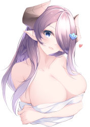 Rule 34 | 1921494015, 1girl, absurdres, aqua nails, arm under breasts, bare shoulders, blue eyes, braid, breast hold, breasts, cleavage, collarbone, draph, granblue fantasy, hair flowing over, hair ornament, hair over one eye, hairclip, head tilt, heart, highres, horns, large breasts, light purple hair, long hair, looking at viewer, nail polish, narmaya (granblue fantasy), one eye covered, pointy ears, purple hair, self hug, side braid, simple background, single braid, smile, solo, upper body, white background