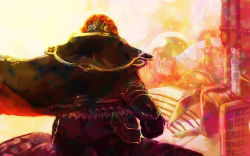 Rule 34 | 1boy, armor, arms at sides, backlighting, black cape, black gloves, building, cape, cowboy shot, faulds, from behind, ganondorf, gloves, dreadlocks, male focus, nintendo, red hair, solo, stairs, standing, sunlight, the legend of zelda, tl (artist)