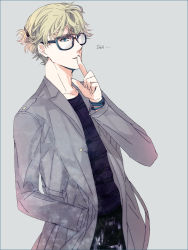 Rule 34 | 10s, 1boy, alternate hairstyle, bad id, bad pixiv id, barnaby brooks jr., blonde hair, blue eyes, coat, finger to mouth, glasses, male focus, ponytail, short hair, shushing, solo, tiger &amp; bunny, yos (artist)