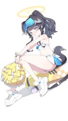 Rule 34 | 1girl, animal ears, ass, bare shoulders, black hair, blue archive, blue eyes, blush, breasts, cheerleader, crop top, dog ears, dog girl, dog tail, eyewear on head, goggles, goggles on head, halo, hibiki (blue archive), hibiki (cheer squad) (blue archive), highres, jewelry, long hair, looking at viewer, midriff, millennium cheerleader outfit (blue archive), ouer moyu, pom pom (cheerleading), shoes, simple background, skirt, small breasts, sneakers, solo, tail, thighs, visor cap, white background
