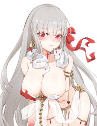 Rule 34 | 1girl, arm under breasts, armlet, bare shoulders, belly chain, blush, body markings, bracelet, breast hold, breasts, cleavage, collarbone, colored skin, durga (fate), earrings, facial mark, fate/grand order, fate (series), forehead mark, gradient skin, grey hair, hair ribbon, highres, jewelry, large breasts, leaning forward, ling huanxiang, long hair, looking at viewer, pelvic curtain, red eyes, red skin, revealing clothes, ribbon, sash, snake, solo, thighs, very long hair