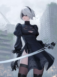 Rule 34 | 1girl, absurdres, black dress, black footwear, black gloves, blindfold, boots, breasts, brown thighhighs, building, city, cleavage, cleavage cutout, closed mouth, clothing cutout, covered eyes, cowboy shot, day, dress, drid, gloves, grey hair, highres, holding, holding sword, holding weapon, juliet sleeves, long sleeves, medium breasts, mole, mole under mouth, nier (series), nier:automata, outdoors, pelvic curtain, puffy sleeves, ruins, short hair, sky, smile, solo, sword, thigh boots, thighhighs, thighhighs under boots, weapon, 2b (nier:automata)