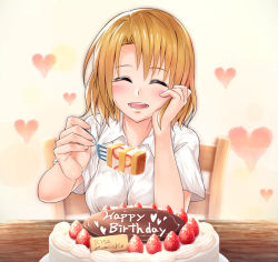 Rule 34 | 1girl, :d, arm support, birthday, birthday party, blush, breasts, brown hair, character name, commentary request, closed eyes, facing viewer, food, fork, fruit, hand on own cheek, hand on own face, happy birthday, harusame kiruke, heart, heart background, highres, holding, holding fork, medium breasts, medium hair, momioka risa, open mouth, shirt, smile, solo, strawberry, to love-ru, upper body, white shirt