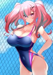 Rule 34 | 1girl, azur lane, bare shoulders, blue one-piece swimsuit, blue sky, blush, breasts, bremerton (azur lane), chain-link fence, cleavage, collarbone, competition swimsuit, covered navel, curvy, day, fence, hair between eyes, hair ornament, hairclip, hand on own chest, highleg, highleg swimsuit, highres, huge breasts, large breasts, long hair, looking at viewer, mole, mole on breast, multicolored hair, one-piece swimsuit, pink eyes, pink hair, sankakusui, shiny skin, sidelocks, sky, solo, streaked hair, swimsuit, thighs, twintails