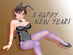 Rule 34 | 1girl, 3d, animal ears, awazo, bare shoulders, blush, braid, breasts, brown eyes, brown hair, cleavage, detached collar, fake animal ears, glasses, hoshina tomoko, large breasts, leotard, long hair, open mouth, pantyhose, playboy bunny, rabbit ears, single braid, solo, sweat, to heart, to heart (series), wrist cuffs