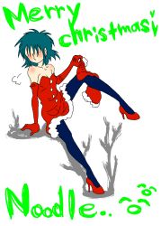 Rule 34 | 1girl, breasts, christmas, elbow gloves, gloves, gorillaz, high heels, no bra, noodle (gorillaz), red heels, shoes, short hair, simple background, small breasts, solo, thighhighs, white background