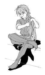 Rule 34 | 1boy, braiding hair, duo maxwell, full body, greyscale, gundam, gundam wing, hair tie, hairdressing, hastune, highres, long hair, male focus, monochrome, mouth hold, shadow, simple background, sitting, solo, white background