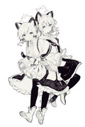 Rule 34 | 2girls, :d, animal ear headphones, animal ears, blue archive, blush, boots, bow, closed mouth, collared shirt, dress shirt, fake animal ears, frilled jacket, frills, greyscale, hair bow, halo, headphones, highres, ikeuchi tanuma, jacket, looking at viewer, midori (blue archive), momoi (blue archive), monochrome, multiple girls, off shoulder, open clothes, open jacket, open mouth, pleated skirt, shirt, shoe soles, siblings, simple background, sisters, skirt, smile, suspender skirt, suspenders, tail, thighhighs, twins, v-shaped eyebrows, white background