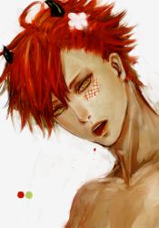 Rule 34 | 1boy, blood, collarbone, eyelashes, flower, green eyes, hair flower, hairpin, horns, lips, looking at viewer, male focus, open mouth, original, red hair, renos, scratches, topless male, simple background, solo, spiked hair, teeth, tongue, tongue out, upper body, white background