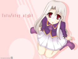 Rule 34 | 00s, 1girl, :o, blush, boots, fate/stay night, fate (series), from above, full body, illyasviel von einzbern, jacket, knee boots, long sleeves, looking at viewer, looking up, parted lips, pleated skirt, purple footwear, purple jacket, sitting, skirt, solo, suu (artist), tareme, wariza, white skirt