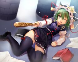 Rule 34 | 1girl, arm ribbon, black thighhighs, book, commentary request, efe, green eyes, green hair, hat, hat ribbon, juliet sleeves, long sleeves, lying, matching hair/eyes, on side, one eye closed, open mouth, paper, pillar, puffy sleeves, ribbon, rod of remorse, shiki eiki, shirt, skirt, solo, thighhighs, thighs, touhou, uniform, zettai ryouiki