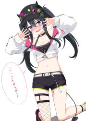 Rule 34 | 1girl, absurdres, asymmetrical legwear, bandaid, bandaid on knee, bandaid on leg, bare shoulders, baseball cap, bellezza felutia, belt, bibi (tokoyami towa), black footwear, black hair, black shorts, blue eyes, blush, breasts, buckle, cleavage, collarbone, cosplay, crop top, cropped jacket, demon horns, demon tail, dot nose, dutch angle, fang, felutiahime, fishnet socks, fishnet thighhighs, fishnets, foot out of frame, hair between eyes, hair ornament, hairclip, hat, heart, heart tattoo, highres, hololive, horns, horns through headwear, jacket, kneeling, long sleeves, looking at viewer, medium breasts, navel, off shoulder, open hands, original, rectangular mouth, shoes, shorts, sidelocks, simple background, sleeve cuffs, socks, solo, stomach, sweatdrop, tail, tattoo, thigh strap, thighhighs, tokoyami towa, tokoyami towa (1st costume), tokoyami towa (cosplay), twintails, v-shaped eyebrows, virtual youtuber, white background, white jacket