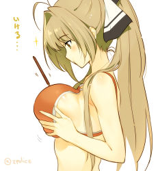 Rule 34 | 10s, 1girl, amagi brilliant park, antenna hair, artist name, between breasts, bikini, blush, breast lift, breasts squeezed together, breasts, brown hair, food, fujimi shobo, hair intakes, large breasts, long hair, lowres, pocky, pocky day, ponytail, profile, red bikini, sento isuzu, sexually suggestive, solo, sparkle, swimsuit, translation request, twitter username, white background, zpolice
