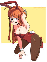 Rule 34 | 1girl, ahoge, alternate costume, animal ears, arm behind head, arm up, bare shoulders, blunt bangs, breasts, brown pantyhose, collarbone, commentary, covered navel, english commentary, fake animal ears, full body, glasses, hairband, highres, hime cut, kneeling, leaning forward, leotard, orange hair, paid reward available, pantyhose, parted lips, persona, persona 5, playboy bunny, purple eyes, rabbit ears, rabbit tail, raised eyebrows, red hairband, red leotard, sakura futaba, small breasts, solo, straight hair, tail, tobias wheller, wrist cuffs