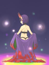 Rule 34 | 1girl, ass, back, bandeau, bare shoulders, blue background, blunt bangs, blunt ends, choker, closed mouth, fate/grand order, fate (series), from behind, glowing, highres, horns, japanese clothes, kimono, lights, looking at viewer, macbail, off shoulder, outstretched arms, purple eyes, purple hair, purple kimono, short hair, shuten douji (fate), shuten douji (first ascension) (fate), skin-covered horns, solo, spread arms, standing, undressing