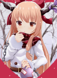 Rule 34 | 1girl, bare tree, belt, belt buckle, blurry, blurry background, blush, bow, brown belt, brown eyes, buckle, chain, coat, commentary request, depth of field, fur-trimmed sleeves, fur trim, gourd, hair bow, holding, horns, ibuki suika, light brown hair, long hair, long sleeves, looking at viewer, maccha, oni, oni horns, parted lips, plaid, plaid scarf, red bow, red scarf, scarf, snowing, solo, touhou, tree, upper body, very long hair, white coat