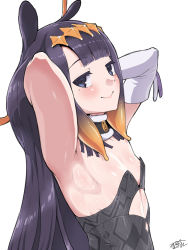 Rule 34 | 1girl, armpits, blue eyes, blunt bangs, blush, choker, dress, fur trim, gloves, highres, hololive, hololive english, long hair, looking at viewer, looking to the side, ninomae ina&#039;nis, ninomae ina&#039;nis (1st costume), presenting armpit, purple hair, signature, simple background, single glove, sleeveless, sleeveless dress, smile, solo, uguisu (happy turn), upper body, virtual youtuber, white background