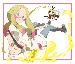 Rule 34 | 1girl, :q, blonde hair, blue eyes, creatures (company), facepaint, game freak, gen 7 pokemon, hari611, holding, holding paintbrush, jewelry, long hair, mina (pokemon), nintendo, paint, paintbrush, pants, pokemon, pokemon (creature), pokemon sm, ribombee, ring, shirt, short sleeves, simple background, tongue, tongue out, torn clothes, torn pants, trial captain, white background, white shirt
