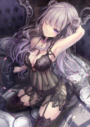 Rule 34 | 1girl, arm behind head, armpits, babydoll, black babydoll, black choker, black dress, black panties, black thighhighs, breasts, chair, choker, cleavage, closed mouth, collarbone, commentary request, couch, covered navel, dress, gothic lolita, grey hair, hair ornament, hair ribbon, highres, hime cut, indoors, knife, lingerie, lolita fashion, long hair, looking at viewer, medium breasts, missile228, on table, one eye closed, original, panties, plant, purple eyes, ribbon, see-through, see-through dress, seiza, sidelocks, sitting, smile, solo, spoon, straight hair, table, thighhighs, underwear, wariza