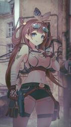 Rule 34 | 1girl, absurdres, ayamy (vtuber), bandaged arm, bandages, blue eyes, breasts, brown hair, cat hair ornament, commentary, cowboy shot, english commentary, exposed pocket, eyewear on head, fingerless gloves, fingernails, gloves, gun, hair ornament, hair rings, hairband, handgun, highres, holding, holding gun, holding weapon, indie virtual youtuber, large breasts, midriff, navel, photo background, pistol, pouch, red gloves, short shorts, shorts, shoulder tattoo, solo, sports bra, standing, sunglasses, sunglasses on head, tattoo, thigh pouch, tongue, tongue out, twintails, virtual youtuber, watch, weapon, wristwatch, yellow eyes, zhvo