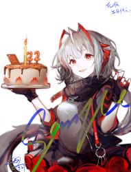 Rule 34 | 1girl, absurdres, ahoge, arknights, birthday cake, black gloves, black jacket, black scarf, black skirt, cake, dated, demon horns, fang, fingerless gloves, food, gloves, grey hair, grey shirt, hand up, highres, holding, holding cake, holding food, horns, jacket, looking at viewer, luan teng, nail polish, open clothes, open jacket, open mouth, red eyes, red nails, scarf, shirt, short hair, simple background, skirt, solo, upper body, w (arknights), white background