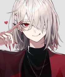 Rule 34 | 1boy, :q, absurdres, bespectacled, black shirt, close-up, commentary request, earrings, fingernails, glasses, grey background, grey hair, hair ornament, hair over one eye, hana arare, heart, highres, jacket, jewelry, kuzuha (nijisanji), male focus, multiple earrings, nail polish, necklace, nijisanji, pointy ears, red eyes, red jacket, red nails, sharp fingernails, shirt, short hair, simple background, solo, tongue, tongue out, upper body, virtual youtuber, x hair ornament