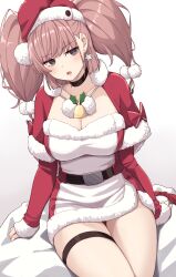 Rule 34 | 1girl, absurdres, atlanta (kancolle), breasts, brown hair, cleavage, cleavage cutout, clothing cutout, cowboy shot, earrings, grey eyes, hat, highres, jewelry, kantai collection, kapatarou, large breasts, long hair, official alternate costume, santa costume, santa hat, sitting, solo, star (symbol), star earrings, thigh strap, two side up