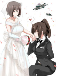 Rule 34 | 10s, 2girls, aircraft, airplane, blush, bouquet, bride, brown eyes, brown hair, dress, elbow gloves, fairy (kancolle), flower, formal, gloves, groom, heart, hyuuga (kancolle), ise (kancolle), kantai collection, kiss on hand, kissing hand, multiple girls, pant suit, pants, personification, ponytail, short hair, speech bubble, spoken heart, suit, ulrich (tagaragakuin), unworn gloves, wedding dress, wife and wife, yuri, zuiun (kancolle)