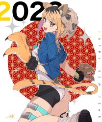 Rule 34 | 1girl, 2022, animal ears, animal hands, artist name, asa no ha (pattern), blue jacket, boots, commentary, earrings, english text, fangs, gloves, grey eyes, grey footwear, happy new year, highres, jacket, jewelry, kneeling, leotard, light brown hair, long sleeves, looking at viewer, looking back, machi (wm), new year, open mouth, original, paw gloves, short hair, shrug (clothing), signature, skull cap, smile, solo, tail, thigh strap, tiger ears, tiger girl, tiger tail, white leotard