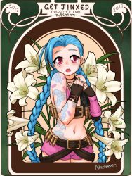 Rule 34 | 10s, 1girl, 2013, artist name, asymmetrical gloves, belt, blue hair, blush, braid, bullet, choker, crying, crying with eyes open, dated, fingerless gloves, flat chest, flower, fringe trim, gloves, hairline, jewelry, jinx (league of legends), league of legends, lily (flower), long hair, looking at viewer, mismatched gloves, necklace, nestkeeper, out of character, pink eyes, red eyes, shorts, solo, tattoo, tears, twin braids, very long hair