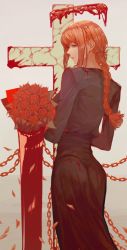 Rule 34 | 1girl, absurdres, blood, blood halo, blood splatter, bouquet, braid, chain, chainsaw man, cross, flower, from behind, halo, highres, holding, holding bouquet, liquid halo, looking back, makima (chainsaw man), matsukei37564, petals, red flower, red hair, red halo, red rose, red theme, rose