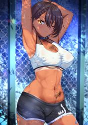 Rule 34 | 1girl, ;), ahoge, araimooah, arm behind head, armpits, arms up, azur lane, baltimore (azur lane), baltimore (black ace) (azur lane), bandaid, bandaid on leg, bare shoulders, bikini tan, black choker, black shorts, blush, braid, breasts, brown hair, chain-link fence, chest tattoo, choker, cleavage, closed mouth, collarbone, covered erect nipples, cowboy shot, dolphin shorts, fence, flower tattoo, french braid, groin, hair between eyes, large breasts, looking at viewer, midriff, navel, one eye closed, revision, shade, short hair, short shorts, shorts, sidelocks, smile, solo, sports bra, standing, stomach, stomach tattoo, stretching, sweat, tan, tanline, tattoo, tight clothes, toned, underboob, white sports bra, yellow eyes