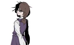 Rule 34 | 1girl, arm behind back, black-framed eyewear, black eyes, brown hair, closed mouth, collared shirt, commentary request, flat color, from behind, frown, glasses, korean commentary, long sleeves, looking at viewer, looking back, low twintails, medium hair, messy hair, pleated skirt, purple skirt, purple vest, shirt, skirt, skirt set, solo, touhou, twintails, usami sumireko, vest, waiwa way, white background, white shirt
