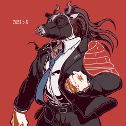 Rule 34 | 1boy, belt, black belt, black pants, brown hair, clenched hand, collared shirt, commentary request, cow mask, cowboy shot, danganronpa (series), danganronpa 3 (anime), dated, formal, great gozu, jacket, kiri (2htkz), long hair, long sleeves, male focus, mask, necktie, pants, ponytail, red background, shirt, solo, suit, white shirt, wrestling mask