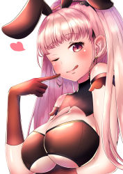 Rule 34 | 1girl, :q, absurdres, animal ears, arm under breasts, breasts, rabbit ears, cleavage, closed mouth, earrings, fake animal ears, female focus, fire emblem, fire emblem: three houses, gloves, heart, highres, hilda valentine goneril, jewelry, large breasts, long hair, matching hair/eyes, nintendo, parupome, pink eyes, pink hair, ponytail, red gloves, simple background, solo, tongue, tongue out, underboob, upper body, white background, wink