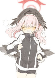 Rule 34 | 1girl, abara heiki, beret, black hat, black wings, blue archive, blush, breath, clenched hands, closed eyes, halo, hat, head wings, highres, jacket, koharu (blue archive), long sleeves, pink hair, running, shorts, simple background, solo, sweatdrop, track jacket, twintails, white background, wings