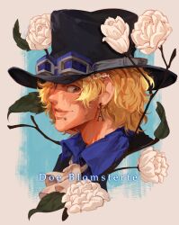 Rule 34 | 1boy, ascot, black hat, blonde hair, blue shirt, character name, closed mouth, commentary, doe blomsterfe, earrings, english commentary, flower, goggles, goggles on headwear, hat, highres, jewelry, leaf, male focus, one piece, sabo (one piece), scar, scar on face, shirt, short hair, smile, solo, top hat, white ascot, white flower