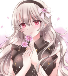 Rule 34 | 1girl, bare arms, bare shoulders, black dress, black hairband, blush, breasts, closed mouth, collared dress, corrin (female) (fire emblem), corrin (fire emblem), dress, fire emblem, fire emblem fates, flower, grey hair, hair between eyes, hairband, hands up, highres, holding, holding flower, kirishima riona, long hair, looking at viewer, medium breasts, nail polish, nintendo, petals, pink flower, pink nails, red eyes, sleeveless, sleeveless dress, solo, upper body, white background