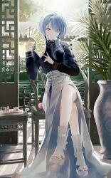 Rule 34 | 1girl, architecture, blue eyes, blue hair, blue nails, blue shirt, chair, closed mouth, crossed legs, east asian architecture, folding fan, full body, grey footwear, hair over shoulder, hand fan, high-waist skirt, highres, holding, hololive, hoshimachi suisei, hoshimachi suisei (8th costume), iva (iva4111), long sleeves, looking at viewer, nail polish, official alternate costume, plant, potted plant, shadow, shirt, side slit, sitting, skirt, smile, solo, toeless footwear, toenail polish, toenails, toes, virtual youtuber