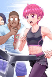 Rule 34 | 1girl, 2boys, abs, adult precure, aged up, ahoge, androgynous, armpits, beard, blunt bangs, collarbone, commentary request, constricted pupils, dark skin, exercising, facial hair, highres, holding, hoshina hikaru, itou shin&#039;ichi, midriff, multicolored hair, multiple boys, muscular, muscular female, mustache, navel, no mouth, open mouth, pantyhose, pink eyes, pink hair, precure, round teeth, running, short hair, sideways glance, speed lines, sports bra, star twinkle precure, stopwatch, streaked hair, surprised, sweat, sweatdrop, teeth, toned, treadmill, upper teeth only, watch, wide-eyed