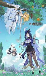 Rule 34 | !, &gt; &lt;, 3girls, alternate costume, ascot, blonde hair, blue hair, blue sky, blush stickers, cape, climbing, clorinde (genshin impact), corset, dark blue hair, day, dress, falling petals, fingerless gloves, fisheye, floating, flower, fold-over gloves, food, fruit, furrowed brow, gameplay mechanics, genshin impact, gloves, grass, hair between eyes, hair flower, hair ornament, halo, hands up, hanging, hat, hat feather, height difference, highres, legs apart, long hair, long sleeves, looking at another, lumine (genshin impact), mechanical halo, mountainous horizon, multiple girls, paimon (genshin impact), pantyhose, petals, purple ascot, purple eyes, romper, shirt, shoes, short hair with long locks, skirt, sky, sparkle, standing, thighhighs, tree, tricorne, user interface, white gloves, white hair, white shirt, xiang wan wei wan