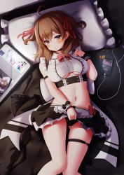 Rule 34 | 1girl, ahoge, apron, arm strap, bare shoulders, bed sheet, black choker, black panties, black skirt, bow, bowtie, breasts, brown eyes, brown hair, choker, clothes lift, clothing cutout, collared shirt, crop top, earphones, frilled shirt, frills, gluteal fold, hair ribbon, hand up, highres, looking at viewer, lying, maid, maid apron, medium breasts, medium hair, midriff, miniskirt, navel, nyan (reinyan 007), on back, on bed, original, panties, parted lips, phone, pillow, ribbon, shirt, sidelocks, skindentation, skirt, skirt lift, sleeveless, sleeveless shirt, solo, stomach, tablet pc, thigh strap, thighs, two side up, underboob, underboob cutout, underwear, waist apron, white shirt, wrist cuffs