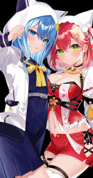 Rule 34 | 2girls, bell, belt, black background, black choker, blue eyes, blue hair, blue shirt, blue skirt, blush, bow, bowtie, breasts, capelet, choker, cleavage, closed mouth, crossed bangs, green eyes, grey belt, hair between eyes, high-waist skirt, highres, hololive, hood, hood up, hooded capelet, hooded jacket, hoshimachi suisei, hoshimachi suisei (school uniform), jacket, jingle bell, large breasts, long sleeves, looking at viewer, midriff, motsunuki, multiple girls, navel, open clothes, open jacket, parted lips, red hair, red shirt, red shorts, sakura miko, sakura miko (work), shirt, short shorts, shorts, simple background, skirt, small breasts, smile, thigh strap, thighhighs, virtual youtuber, white jacket, yellow bow, yellow bowtie