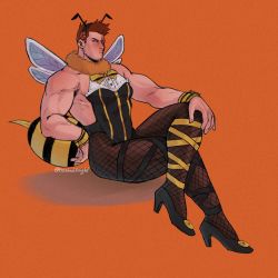 Rule 34 | 1boy, bara, bare shoulders, beard, bee boy, bee costume, black leotard, blue eyes, blush, boku no hero academia, bow, bowtie, covered abs, crossdressing, endeavor (boku no hero academia), facial hair, fishnet pantyhose, fishnets, full body, high heels, highres, large pectorals, leo (frosted knight), leotard, male focus, mature male, muscular, muscular male, pantyhose, pectorals, red hair, scar, scar across eye, scar on face, short hair, sideburns, sidepec, solo, spiked hair, stubble, thick thighs, thighs, wings