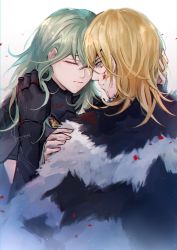 Rule 34 | 1boy, 1girl, artist name, black gloves, blonde hair, blood, blood on face, blue eyes, byleth (female) (fire emblem), byleth (fire emblem), cloak, closed eyes, closed mouth, dimitri alexandre blaiddyd, eyepatch, fire emblem, fire emblem: three houses, fur cloak, gloves, grey hair, hair between eyes, half-closed eyes, hand in another&#039;s hair, hand on another&#039;s shoulder, highres, injury, long hair, looking at another, medium hair, ningyo, nintendo, upper body, white background